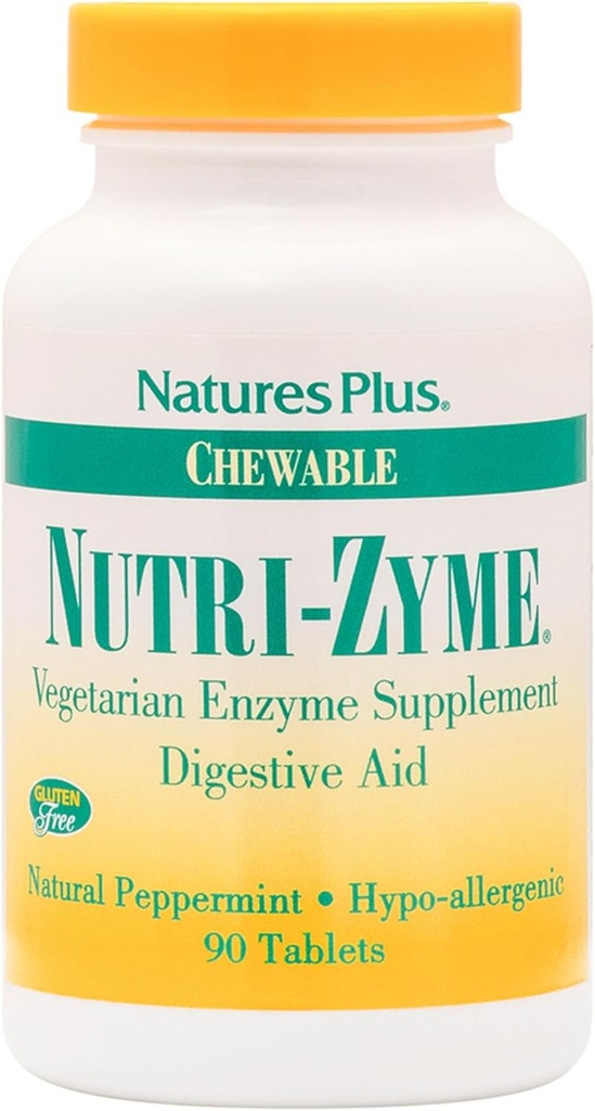 NaturesPlus Nutri Zyme - 90 Tablets masticabili, Sapore di menta piperita - Integratore di enzimi vegetariani con Bromelain & Papain, Aiuti digestivi naturali - Gluten-Free - 45 Serve