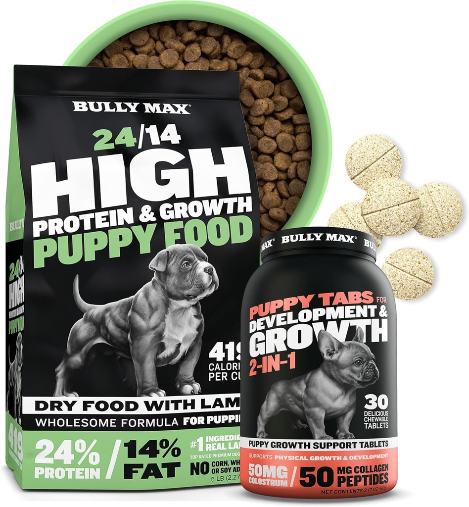Bully Max 24/14 High Protein Puppy Food (5lbs.) e Puppy Vitamins (30 schede masticabili) per lo sviluppo e la crescita Bundle – Muscolo, Immune, Bone e supporto digestivo in piccoli e grandi cuccioli Breed