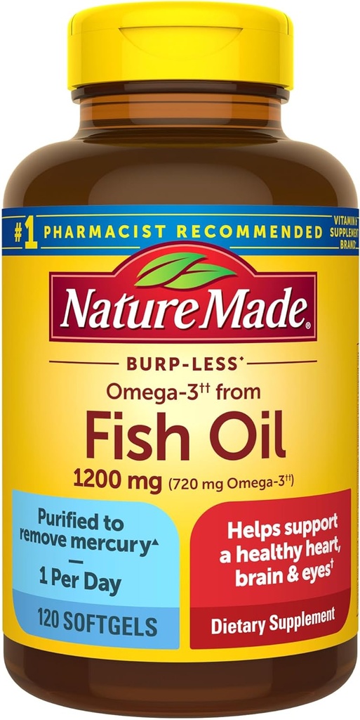 Natura fatta Burp Meno Omega 3 Integratori di olio di pesce, 1200mg, EPA DHA Omega 3 Supplemento come Ethyl Esters, Fish Oil Softgels per il cuore sano, cervello e occhi sostegno, uno al giorno, 120 Softgels