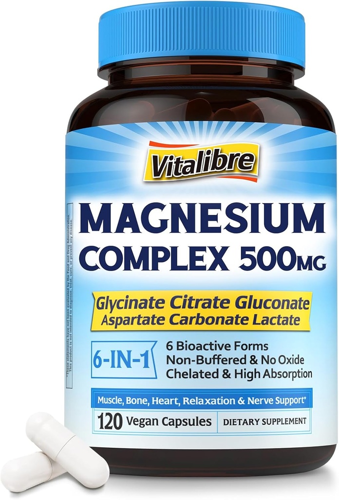 Magnesio Complesso 500mg, 6 in 1 Magnesio Chelato Glycinate, Citrato, Aspartato, Gluconato, Carbonato e Lattato, Max Absorbimento Supplemento per Sonno e Calma, 120 Vegan Caps, No Magnesio Ossido