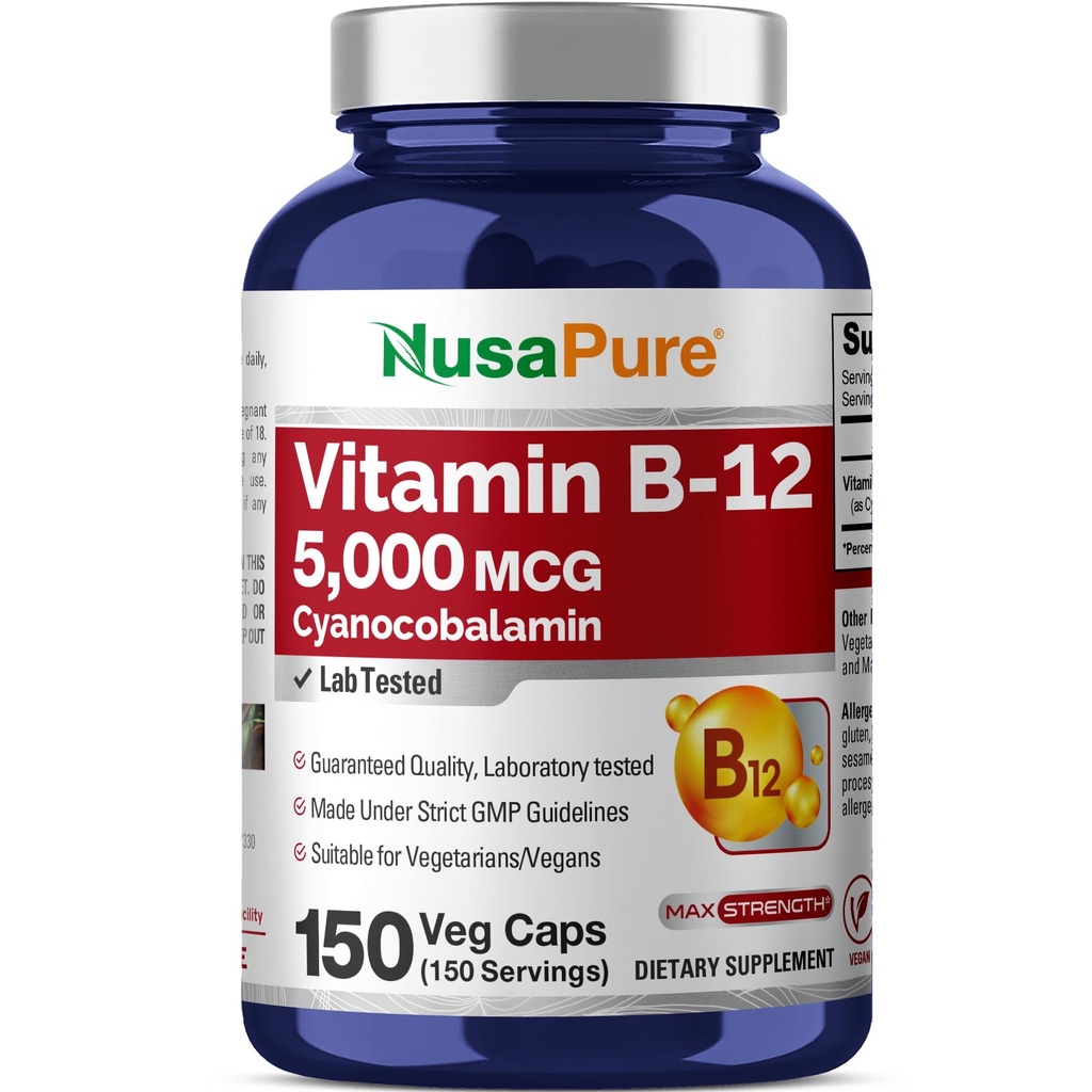 NusaPure Vitamina B12-5000 MCG 150 capsule vegetali (non OGM, Vegan) - Vitamina di massima resistenza B12