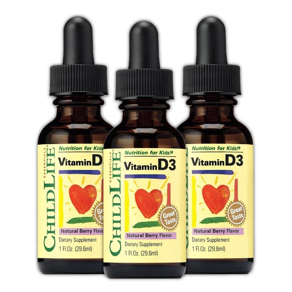 BALDLIFE ESSENTIALS Vitamina D3 Gocce per bambini, bambini, & bambini - Liquid Vitamina D Gocce, 500 IU per goccia, Immune & Bone Assistenza sanitaria, Berry naturale - 1 Fl Oz (Pack of 3)