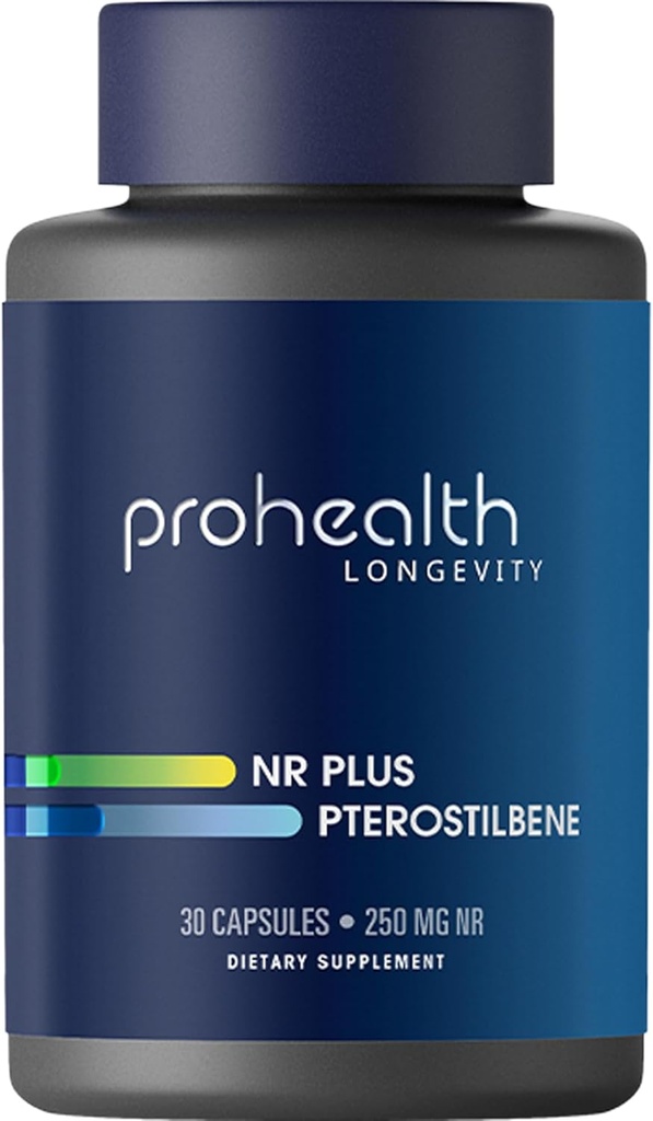 ProHealth NR + Pterostilbene. Promuove la longevità, l'energia e l'invecchiamento sano. Protegge il cuore + la salute del cervello. Supporta Riparazione Cellulare. 250mg Niagen Nicotinamide Riboside + 40 mg Pterostilbene, 30 Caps