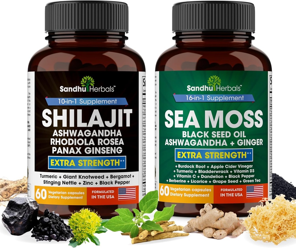 SANDHUHERBALS Sandhu Herbals Bundle - Sea Moss, Shilajit, Black Seed Oil, Ashwagandha, Ginger, Rhodiola Rosea, Panax Ginseng, Sting Nettle