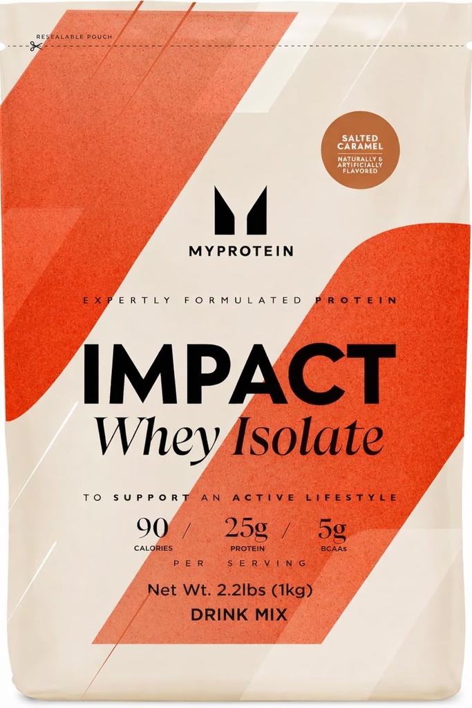 Myprotein Impact Whey Protein Isolate, 2.2 Lbs (40 Servings) Caramel salato, 21g Protein & 6g BCAA Per Serving, Shake senza glutine per la resistenza muscolare & Recupero