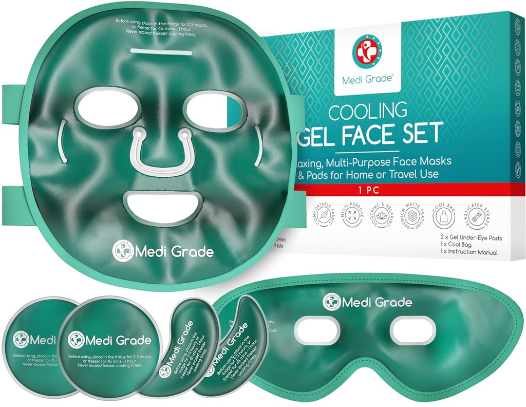 Medi Grade Cooling Ice Face Mask and Cooling Eye Mask for Puffy Eyes & Migraine Relief - Self Care Face Ice Pack con ChillGel Face Ice Mask Technology - Cooling Face Mask, Eye Pads and Bag