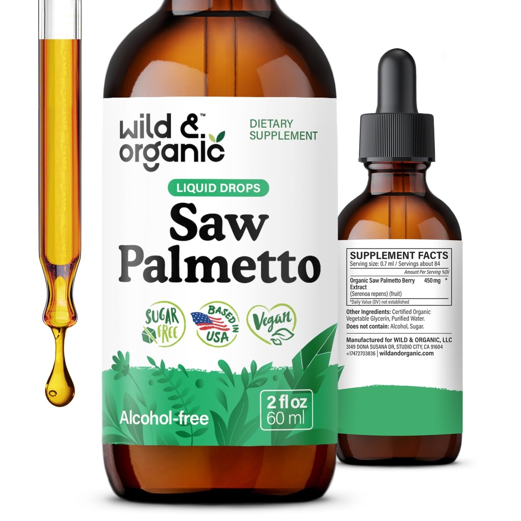 Gocce di estratto di palmetto segato e biologico - Supporto urinario - Sega Palmetto per gli uomini e le donne - Liquido Serenoa Repens Berry Supplemento - Vegan, Sugar & Alcohol-Free - 2 fl oz