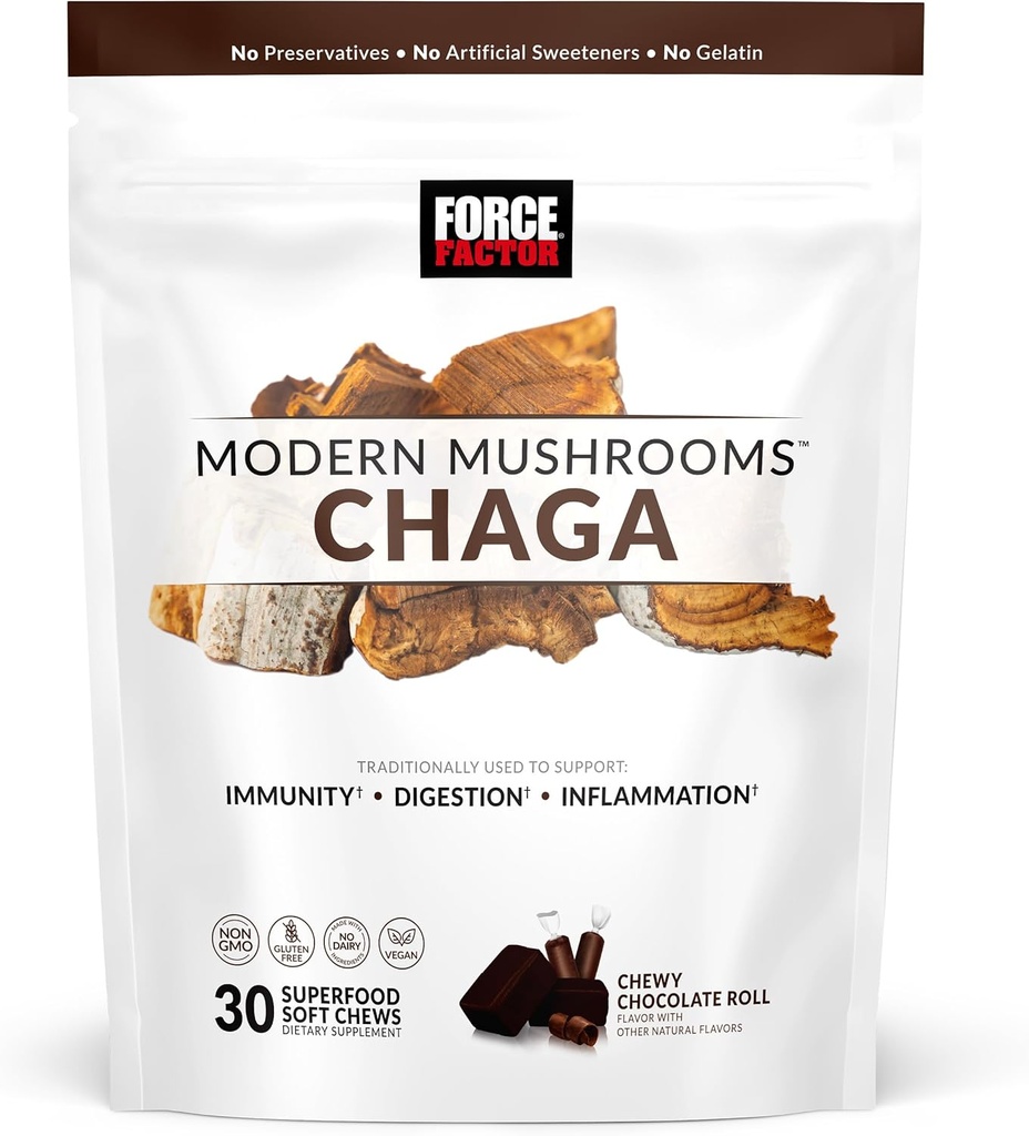 FORCE FACTOR Modern Mushrooms Soft Chews, Chaga Mushrooms Supplemento per sostenere l'immunità, la digestione, & Gut Health, Antiossidanti supplemento, Delicious Chewy Chocolate Roll Flavor, 30 Soft Chews