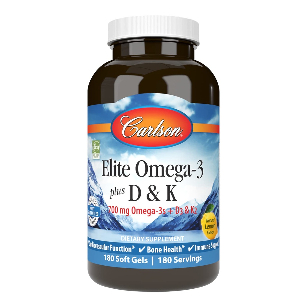Carlson - Elite Omega-3 Plus D & K, 700 mg Omega-3s + D3 & K2, Funzione, Bone Health & Immune Support, Lemon, 180 Softgels