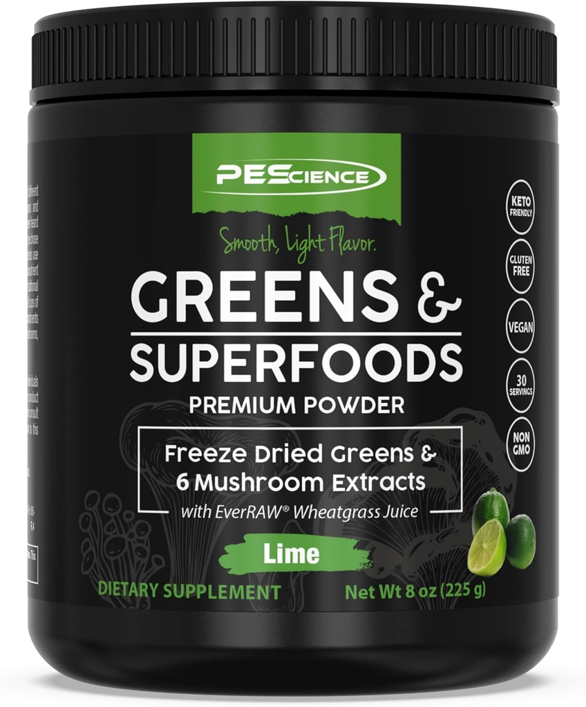 PEScience Greens Powder Superfood con clorofilla naturale, Reishi & Turkey Tail Mushroom Powders, Freeze-Dried Kale, Spinach, Broccoli Sprouts, Lime Flavor, 30 Servings