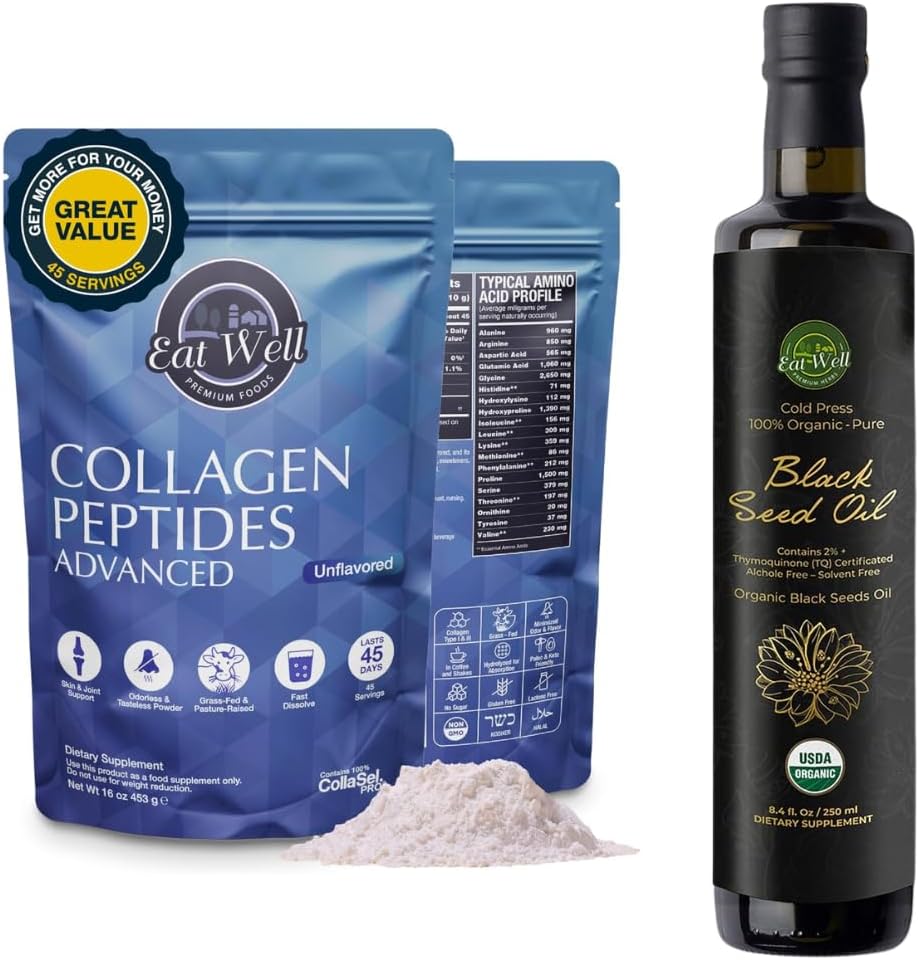 EAT WELL PREMIUM ALIMENTI Collagene Peptides polvere Protein 45 Servings, 16oz & USDA Olio di semi neri organici 8.4 FL oz Bottiglia