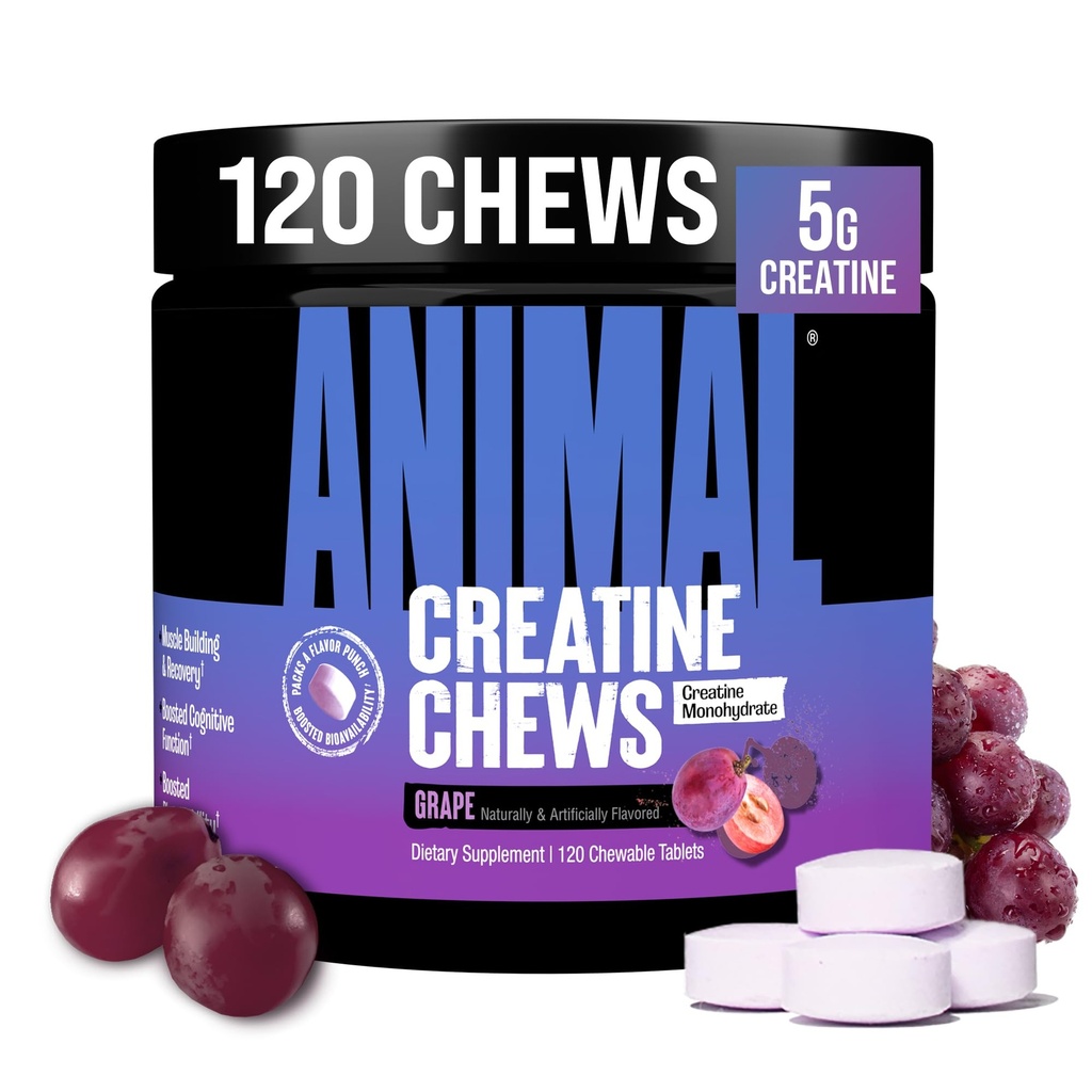 Animal Creatine Chews Tablets - Creatina potenziata Monoidrato con AstraGin per migliorare l'assorbimento, sale marino per pompe aggiuntive, Deliziose e Comode Chewable Tablets - Uva