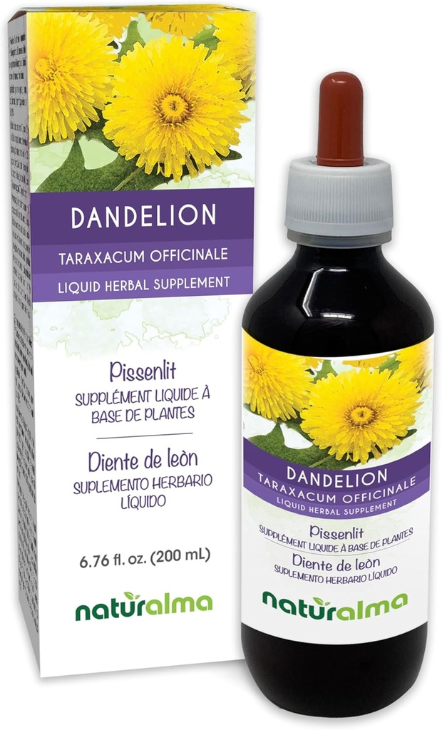Naturalma Dandelion (Taraxacum officinale) Radice e erba Alcol-Free Tincture - 6.76 fl oz Liquid Extract in Drops - Integratore di erbe - Vegan