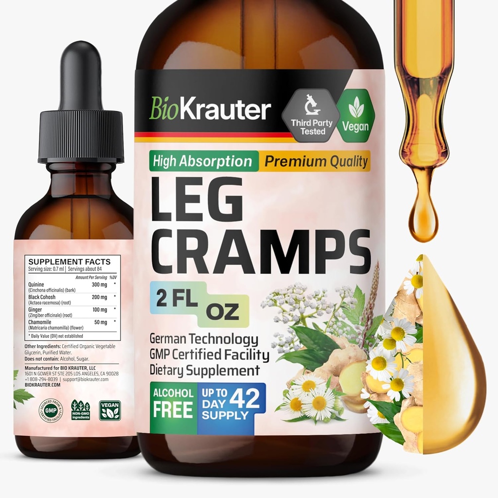 BIO KRAUTER Leg Cramps Tincture con Quinine - Ginger & Chamomile Liquid Extracts for Leg Cramps - Natural Alcohol & Sugar Free Formula - Vegan Drops 2 Fl.Oz.