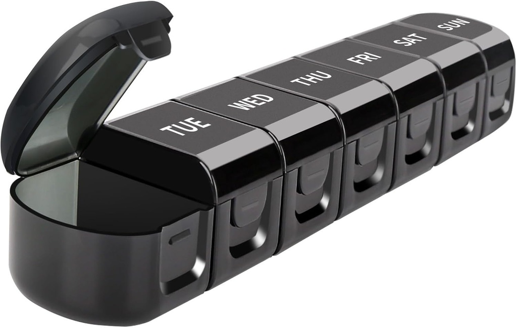 Organizzatore giornaliero di pillole, 7 scomparti contenitore di contenitore di medicina staccabile, nero, misura di viaggio di vitamina Planner Reminder, portatile Meds Storage 7-giorno titolare per il farmaco, oli di pesce, integratori