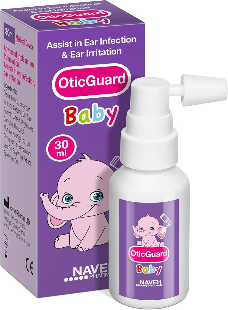 NAVEH PHARMA Otic Guard Baby Ear Drops – Olio naturale per l'orecchio Rilievo di rimozione e infezione della cera – Detergente per l'orecchio per bambini, bambini e bambini – Soothes Itchy Ears & Swimmer’s Ear