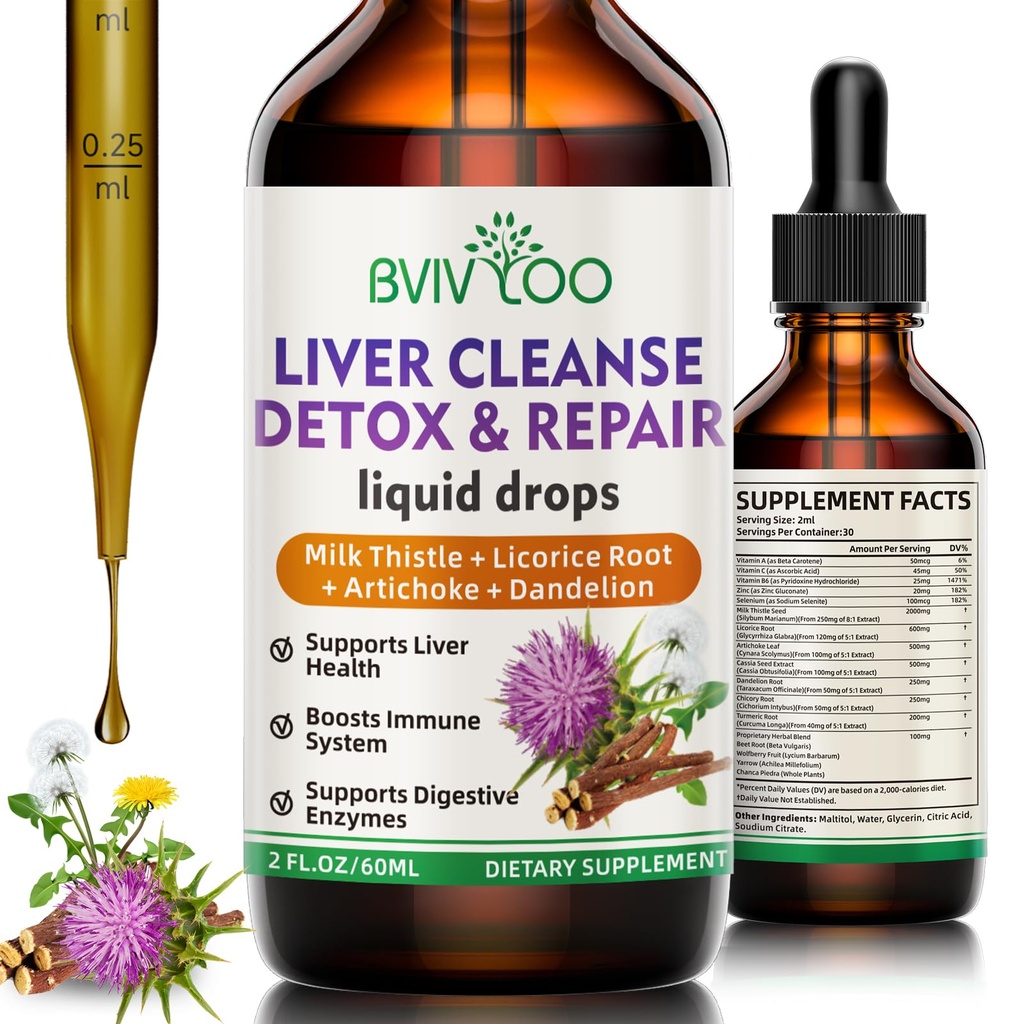 Detox & Repair Liquid Drops - 2000mg Milk Thistle, Radice di Dandelion, Artichoke, Estratto di Silymarin, & Erbe Turmeric - Vegan, Non-GMO - 2 Fl Oz (60ml) Bottiglia