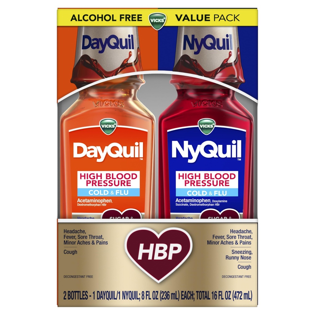 VICKS DayQuil & NyQuil ad alta pressione sanguigna Cold & Flu Rilievo Liquid Medicine Co-Pack, Potente Multi-Symptom Daytime & Nighttime Relief per freddo, tosse e sintomi di influenza, Sugar & Alcohol Free, 2x8oz