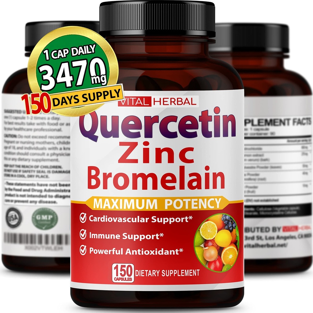 Premium High Purity Quercetin 98% con capsule Bromelain per la massima potenza con tè verde Ashwagandha - Supporta la forza di salute generale Energia - 150 giorni di alimentazione
