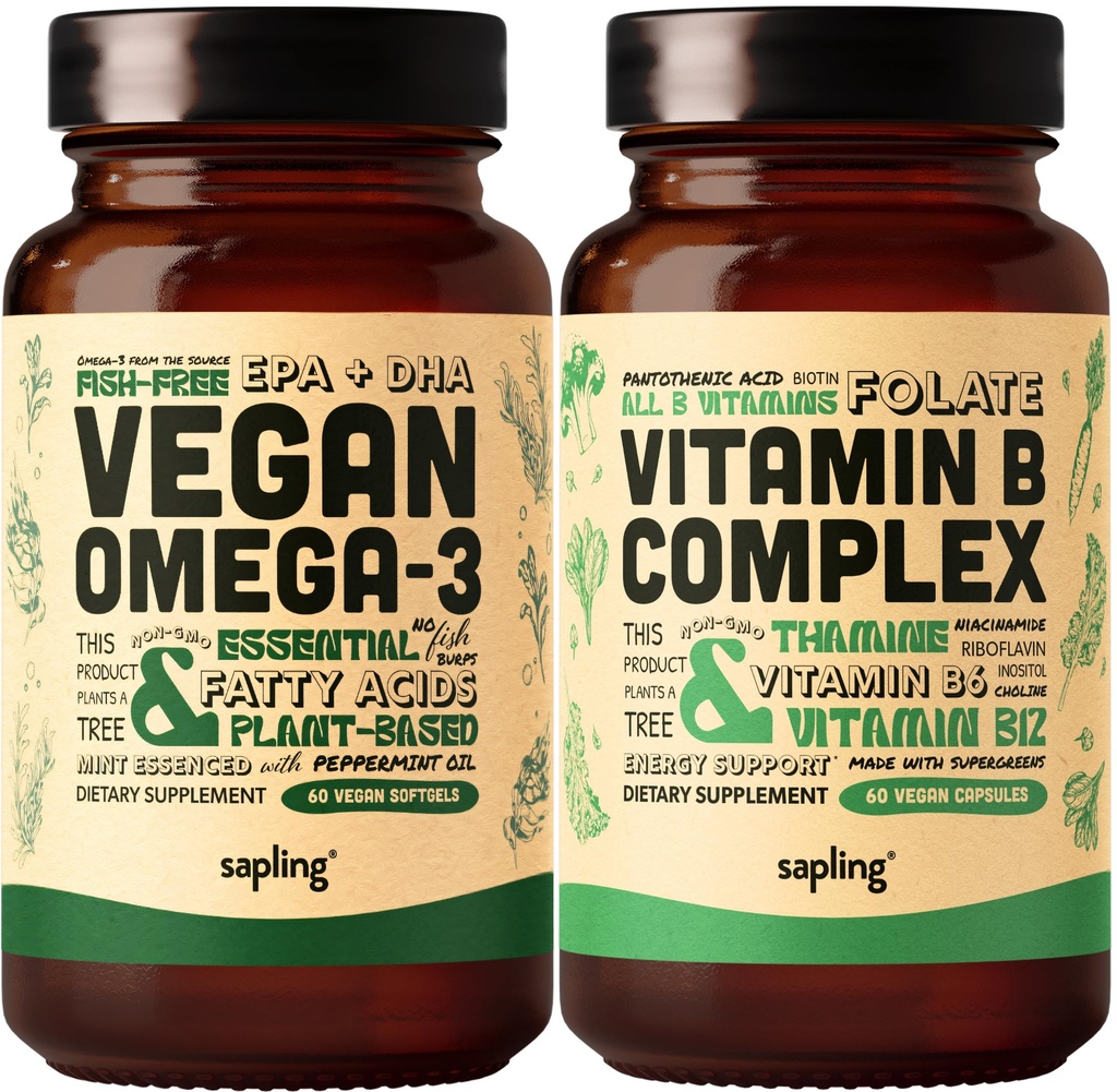 Vegan Omega 3 & Vegan Vitamina B Complex Bundle - DHA & EPA acidi grassi, vitamine B essenziali con miscela di cibo intero, B1, B2, B3, B5, B6, B7, Folate