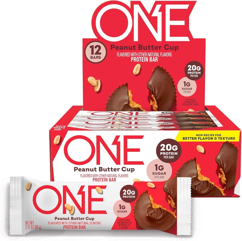 ONE Protein Bars, Peanut Butter Cup, Gluten Free con 20g Protein e 1g Sugar, Pantry Staples, 2.12 oz (12 Conte)