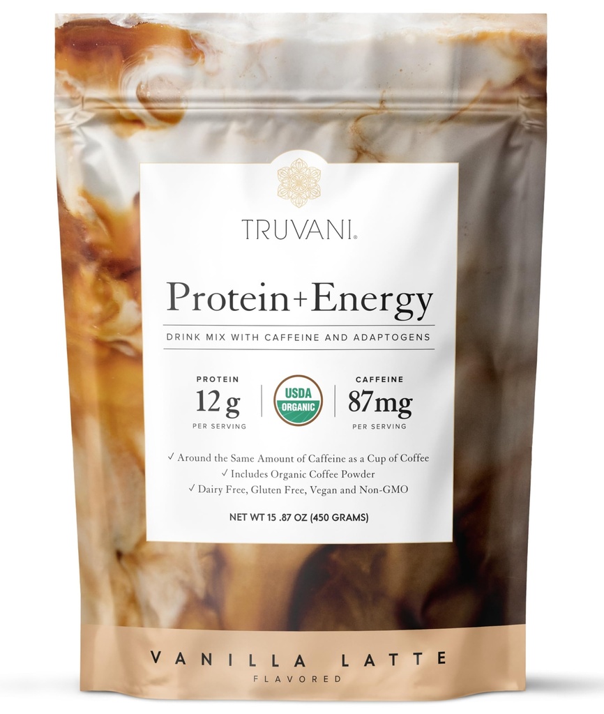 Truvani Protein + Energy Drink Mix con 87 mg di caffeina | Vanilla Latte | 12g Organic Plant Based Protein | 20 Serve | USDA Organic Coffee Powder & Adaptogens | Gluten & Dairy Free | Vegan | Non OGM