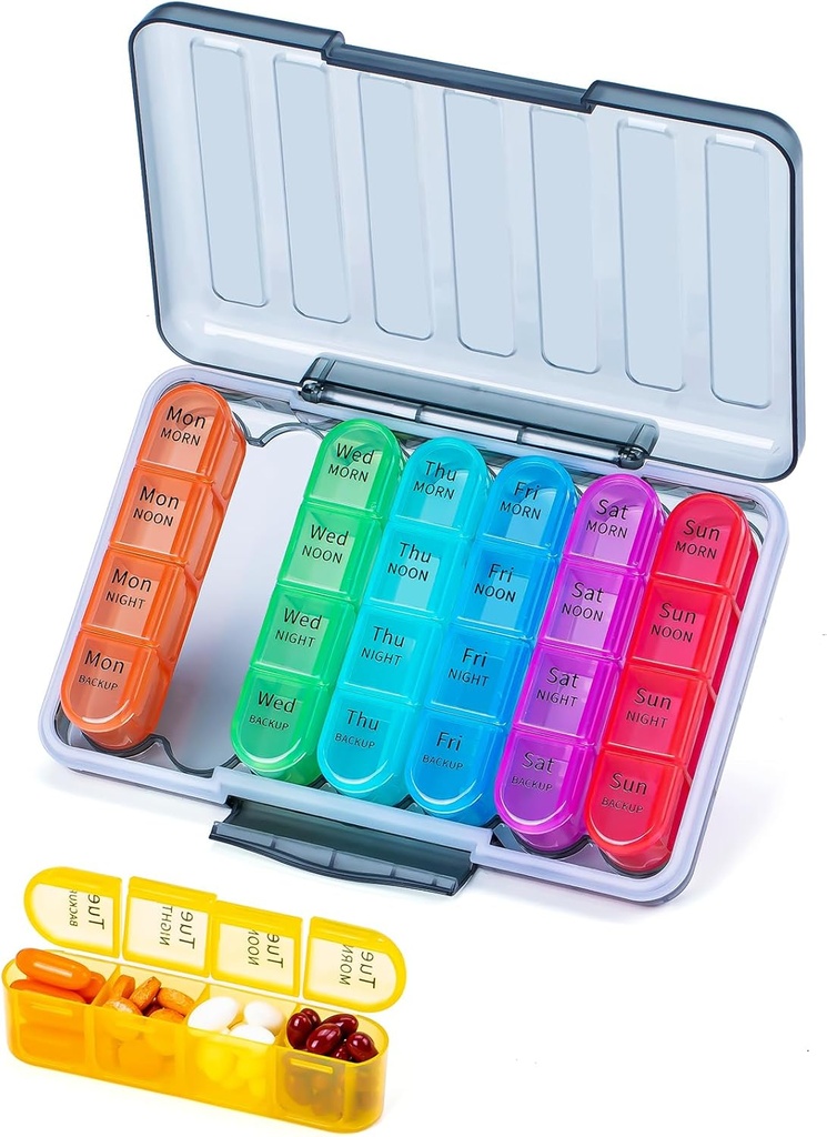 Betife XL Grande capacità 4 volte al giorno Pill Organizer, 7 giorni 4 volte settimanali Pill Box con 28 scomparti per farmaci, vitamine e integratori
