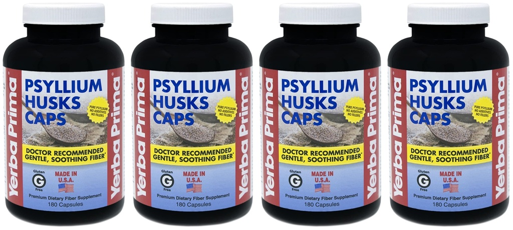 Yerba Prima Psyllium Husks Caps - 180 caps (Pack of 4) - Natural Fiber Supplement - Non-GMO Gluten Free