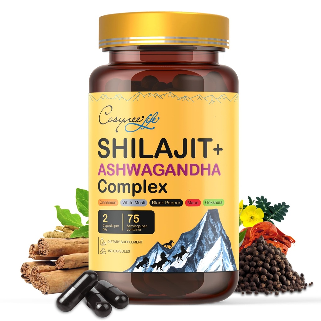 Himalayan Shilajit- Complesso con Ashwagandha, Mace, Gokshura, Cinnamon & Piperine | Energia, Vitalità & 85+ Trace Minerals, Shilajit for Men, Shilajit for Women, Dose Regolare - 150 Capsule