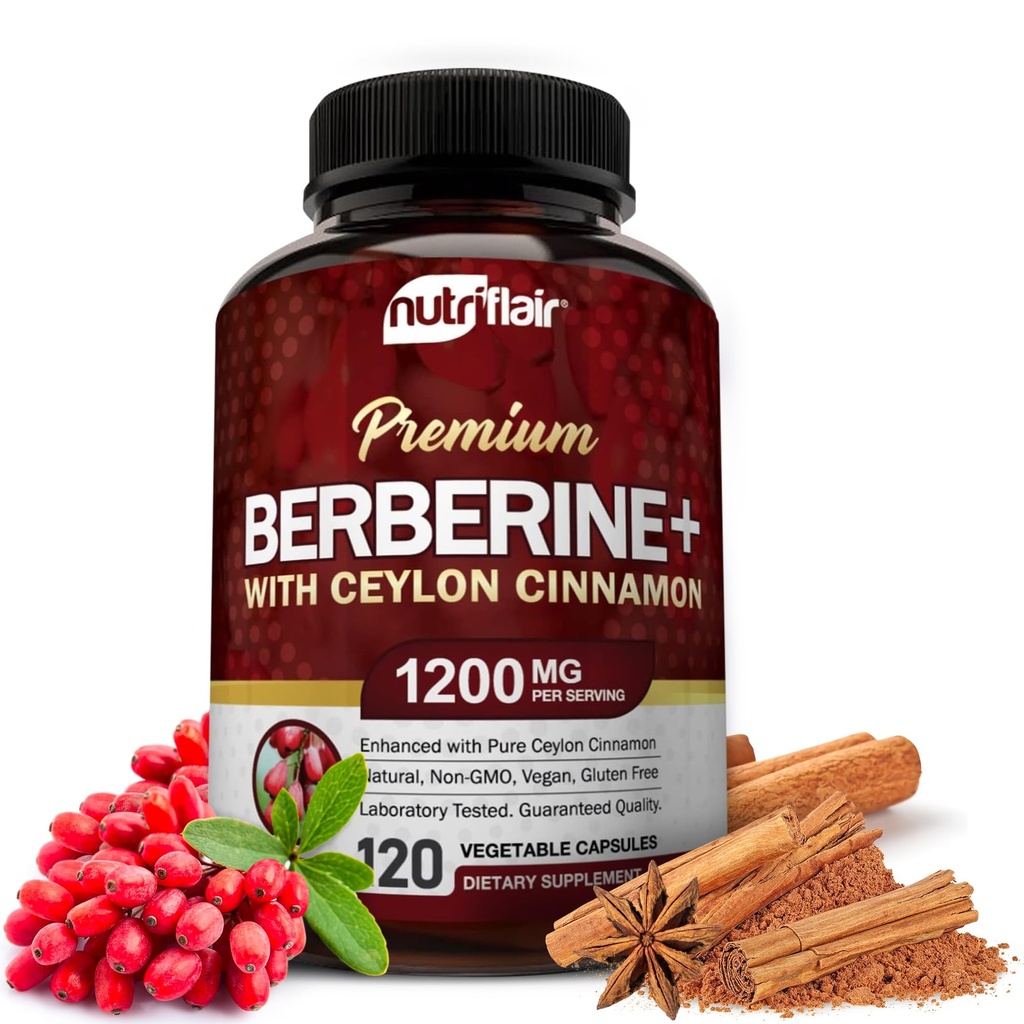 NutriFlair Premium Berberine HCL 1200mg, 120 capsule - Plus Pure True Ceylon Cinnamon, Berberine HCI Root Supplements Pills - Immune System - produce un 8% ottimale HCl