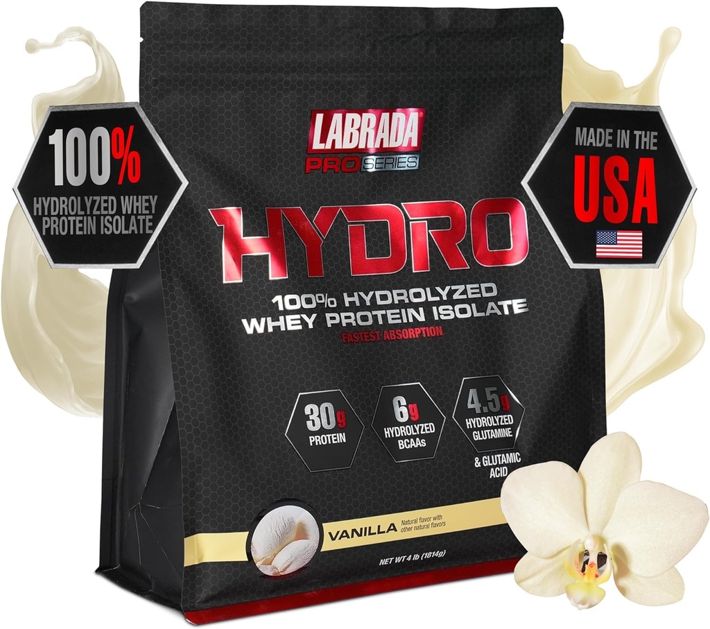 LABRADA Hydro 100% Polvere isolata di proteine del siero idrolizzato puro, senza lattosio, Glutamina, Whey digerente più veloce disponibile, miscelazione istantanea, gusto delizioso 48 Servings 4lb (Vanilla)