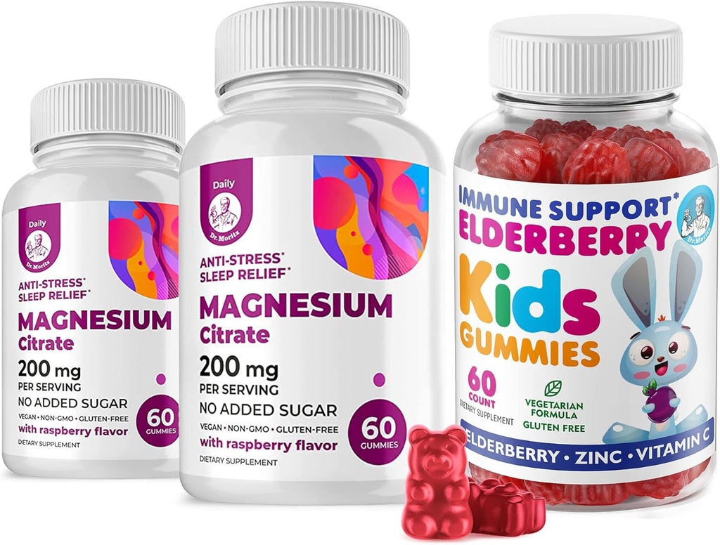 Gummie di sambuco per bambini e magnesio 200 mg Gummies Zucchero-Free - Sistema Immune sano Booster e supporto sanitario con Estratto di samburi con Magnesio Calmo Chews per bambini e adulti Senza zucchero