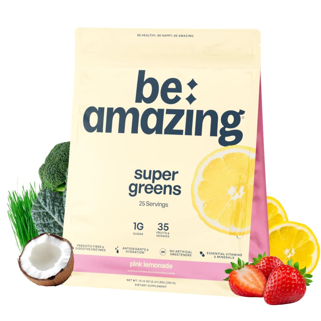 BE AMAZING Super Greens Polvere con Prebiotici, Enzimi Digestivi & Antiossidanti, 35 Frutte & Veggies, Elettroliti & Fibra, Vegan, Gluten Free Juice & Smoothie Mix, Pink Lemonade, 25 Serve