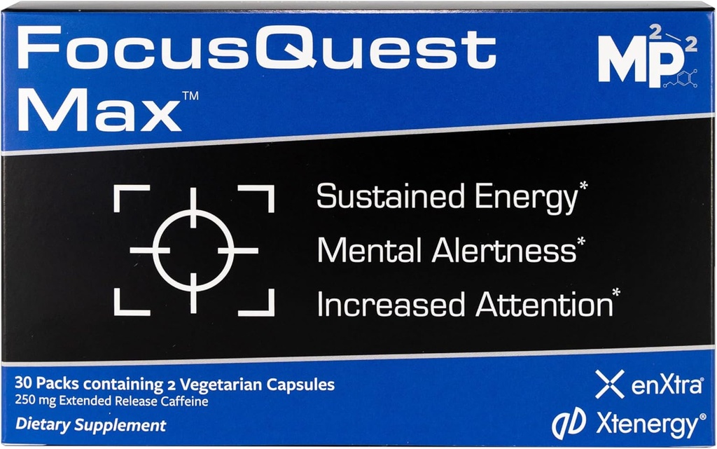 FocusQuest Max Focus Supplement con Extended Release Caffeina e L-teanina, Nootropic Supplemento per Energia e Produttività - Vegan, Gluten-Free per Professionisti, Studenti, Mamme Occupate e Fitness
