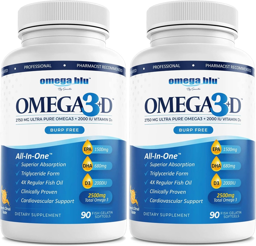 Olio di pesce di grado farmaceutico a tripla resistenza 2750mg - Vitamina D3 50mcg - 1500mg EPA - 680mg DHA - Cuore - Colesterolo - LDL - HDL - No Burps o bruciore di stomaco - Alta concentrazione - 90 Serve