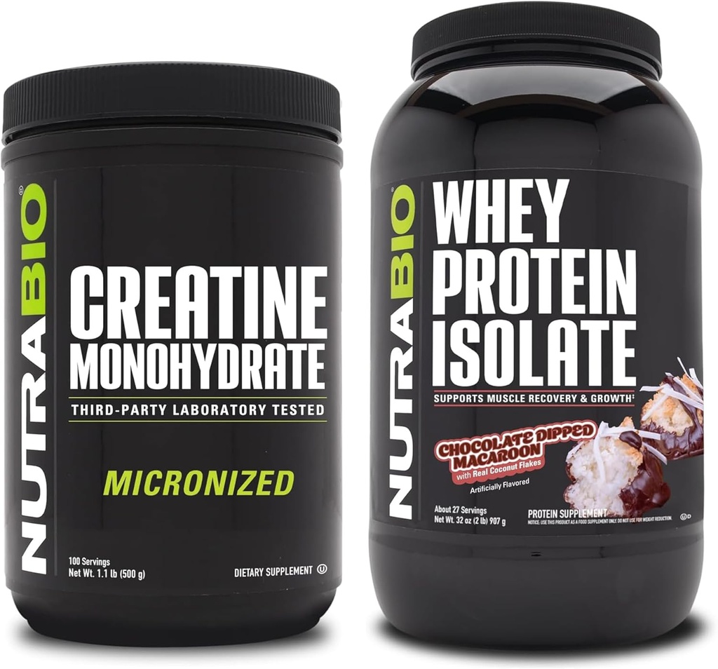 NutraBio Creatina monoidrato, non aromatizzato, 500g e isolato di proteine del siero di siero, cioccolato Dipped Macaroon, supplemento Bundle - energia muscolare, crescita muscolare magra, recupero e resistenza