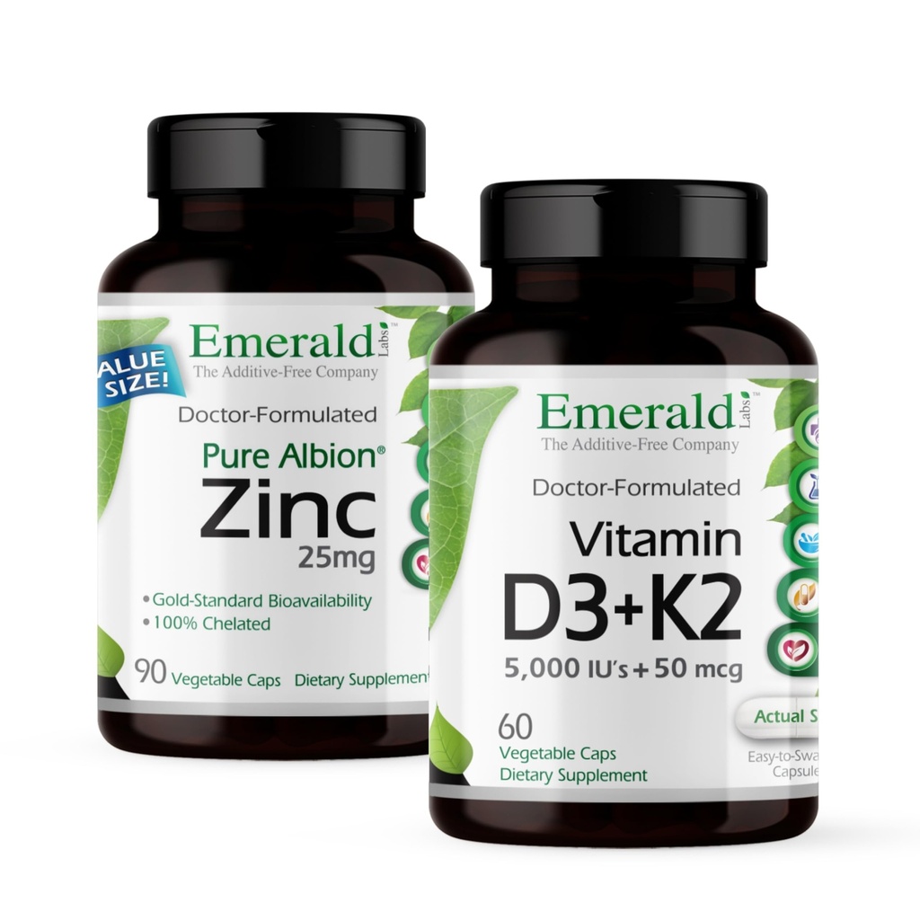 EMERALD LABS Vitamina D3+K2 (60 Caps) & Zinc 25mg (90 Caps) - Bone Salute, Supporto cardiaco, Supporto immunitario, Salute Digestiva, Supporto di stress ossidativo - Senza glutine