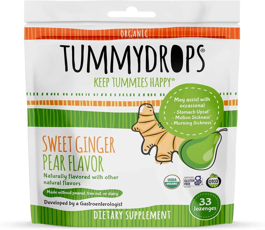 USDA Organic Sweet Ginger Pear Tummydrops, Gluten Free & Vegan. 33 Individualmente Wrapped Organic Ginger Lozenges in una borsa rivestibile.