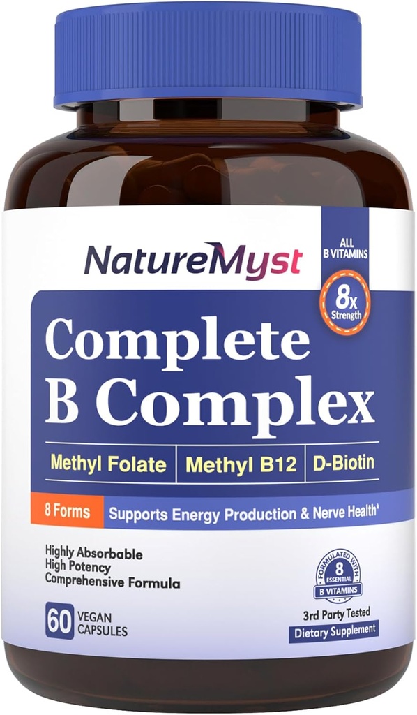 Complesso B completo, Tutte le 8 B Vitamine, Methyl B12, Methyl Folate, Biotin, P-5-P, Altamente assorbibile, Produzione di energia, 60 Vegan Caps