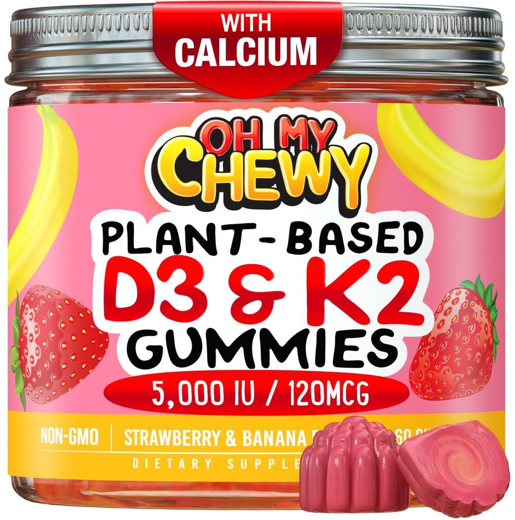 Vitamina D3 K2 Gummies - Bambini, Adolescenti & Adulti - Supplemento per denti sani, ossa, energia & immunità - 5000 IU D3, 120 mcg K2 (MK-7), 120 mg Calcium - Vegan & Non-GMO - 120 conta