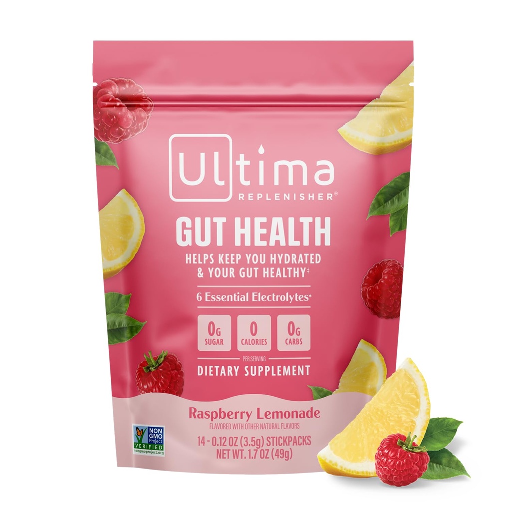 Ultima Replenisher Gut Salute Supplemento ed Elettroliti Polvere - Raspberry Lemonade, 14 Stickpacks - Idration Packets con Aggiunto Gut Salute Vantaggi