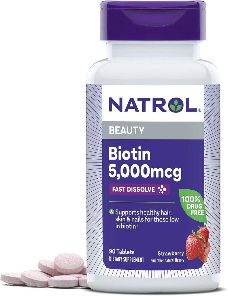 Natrol Beauty Biotin 5000mcg, Integratore alimentare per Capelli Sani, Pelle, Unghie e Metabolismo Energetico, 90 compresse di dissolve veloci aromatizzate alla fragola, fornitura di 90 giorni