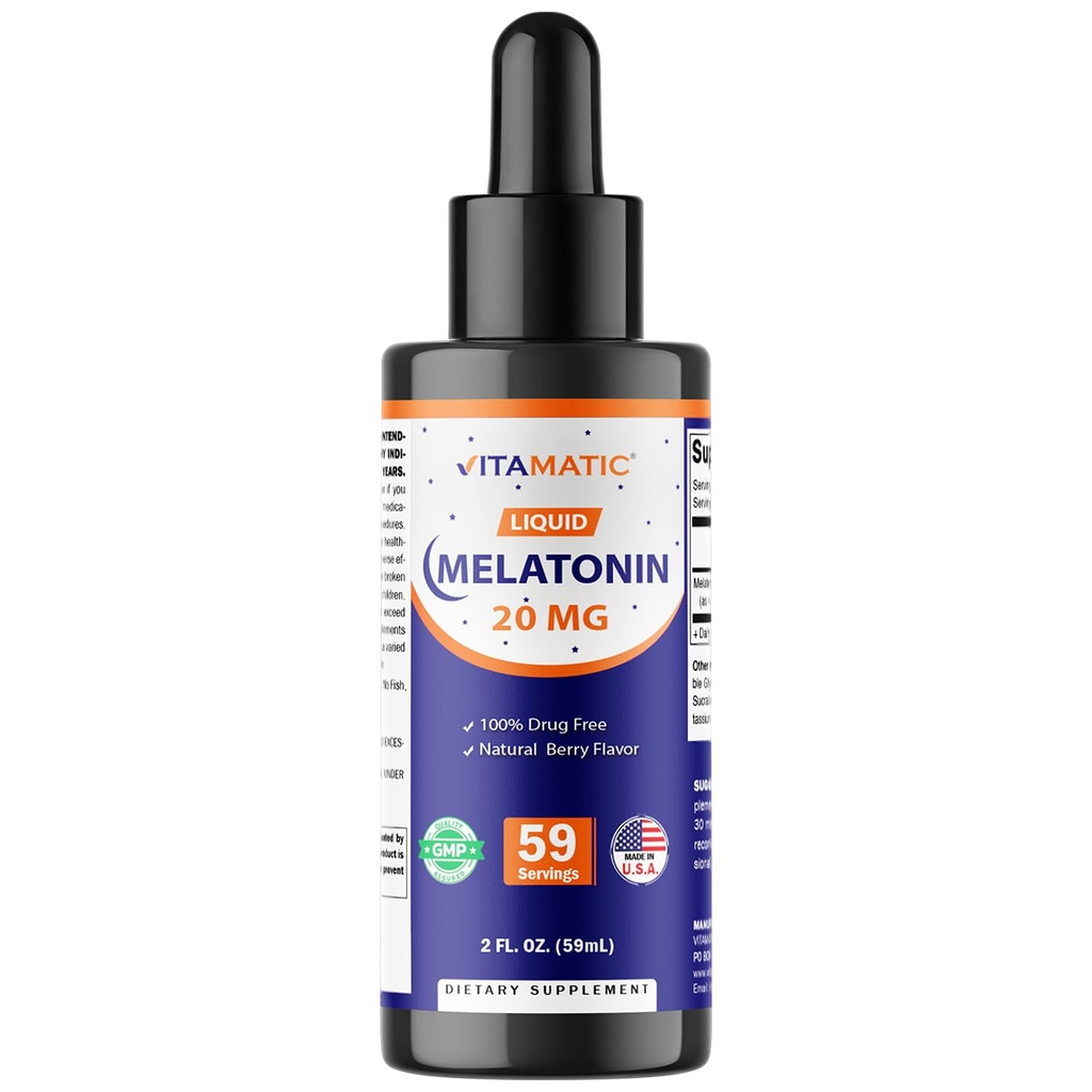 Vitamatic Melatonina 20mg Gocce liquide – 2 oncia fluida (59ml) – Natural Berry Flavor – per adulti – Non OGM – Integratore vegetariano