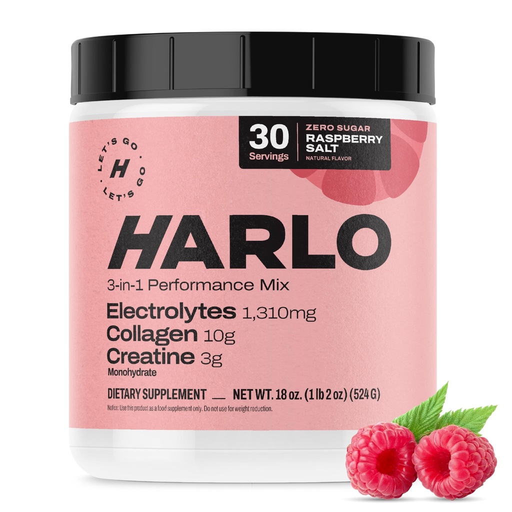Harlo - Raspberry Salt Electrolyte Drink Mix con Bovine Collagen & Creatine- Creatina Monoidrato Polvere - Energy Drink Powder - Pre Workout Powder - Sugar Free Energy Drinks - Post Workout Recovery