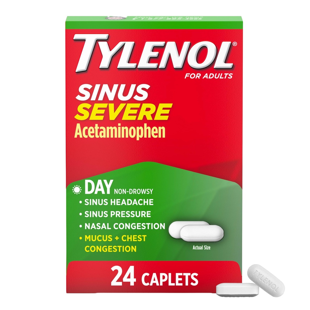 Tylenol Sinus Severe Daytime Cold & Flu Relief Medicine Caplets, Non-Drowsy Pain Reliever, Fever Riduttore Expectorant & Decongestant, Acetaminophen, Guaifenesin & Phenylephrine HCl, 24 ct