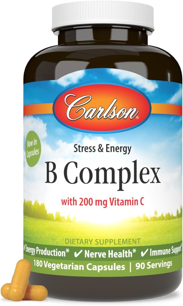 Carlson - B Complex Balanced B Vitamine con Vitamina C - Stress, Energy & Immune Vitamina B Complex per Donne & Uomini - 180 Capsule Vegetariani