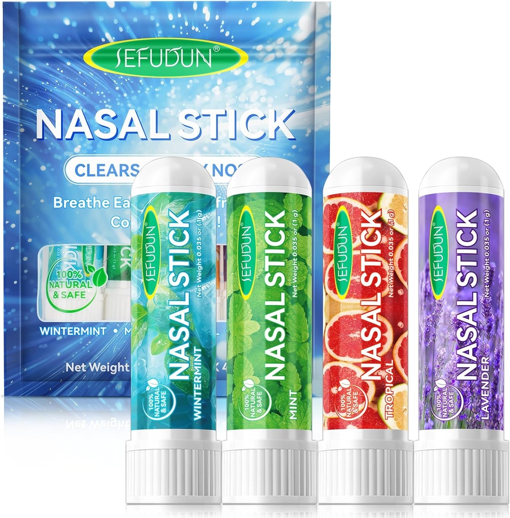 4PCS Nasal Stick,Nasal Inhaler Stick,Inhaler Nasal Stick per Sinus Relief&Vertigo Relief,Aromatherapy Inhaler Made with Essential Oils+Menthol (Mint,Wintermint,Tropical,Lavender)