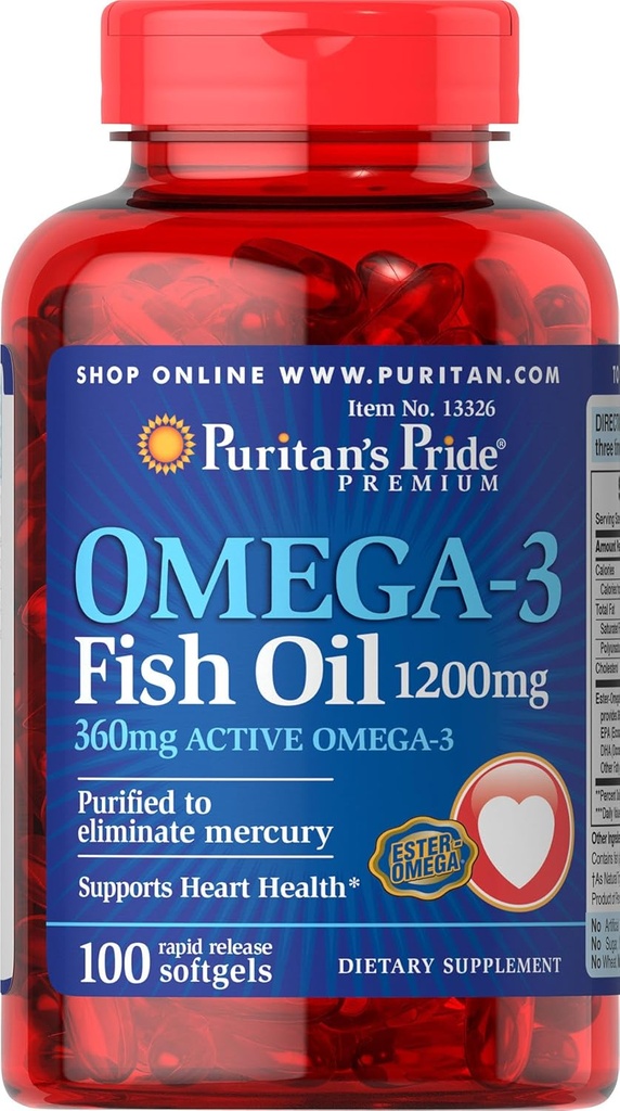 Puritan Pride Omega-3 Fish Oil 1200 mg (360 mg Active Omega-3) - 100 Softgels
