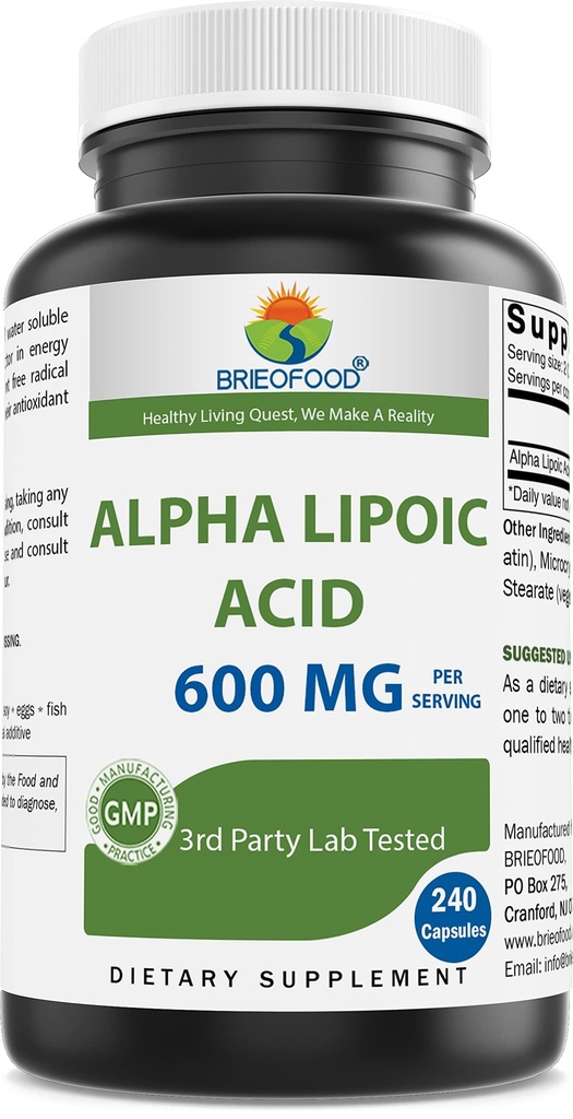 Brieofood Alpha Lipoic Acid 600mg per Serving - 240 Capsule - Non OGM, Gluten Free