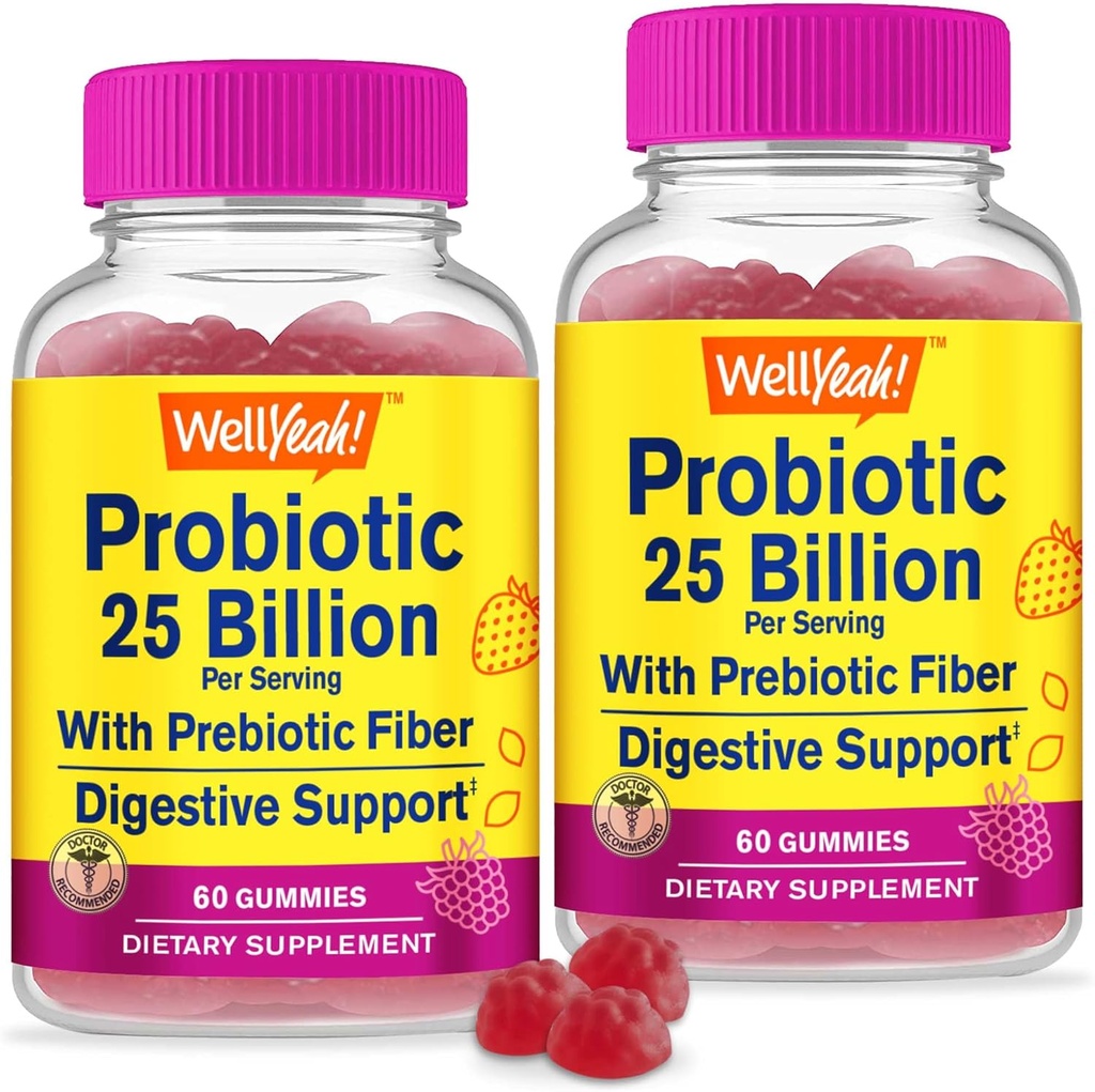 WellSì (2 Confezione 25 miliardi di Probiotici + Prebiotici per Uomini e Donne Gummies - Supporto Digestivo, Salute Gut, Gomma di Supporto Immune - Probiotici per la Salute Digestiva con 12 Strains - 60 Gummies